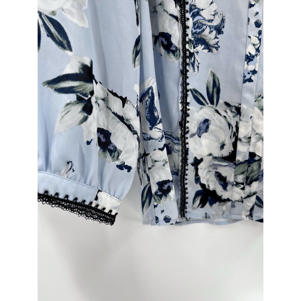 KARL LAGERFELD Women's Blue Floral Tie Neck 3/4 Sleeve Blouse Medium - Picture 2 of 6